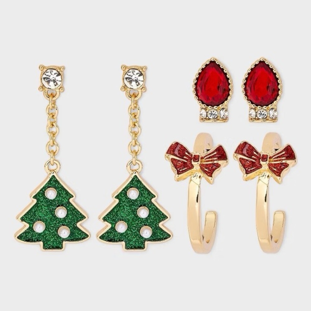 Christmas Light Bulb Tree and Bow Earring Set 3pc - Red/Green nwt